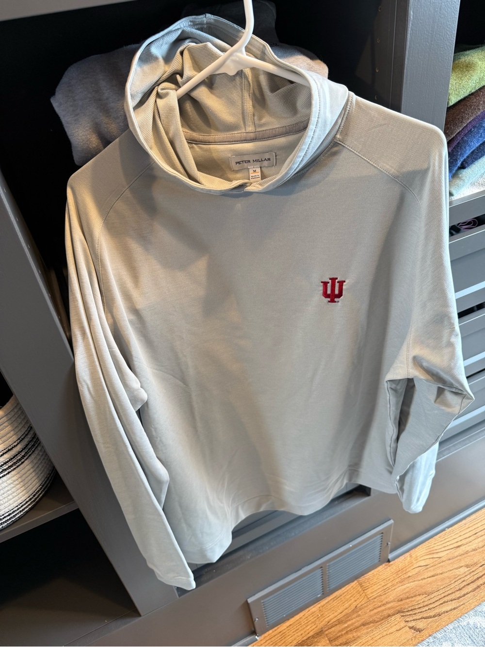 Peter Millar Men’s Light Gray Hooded Sweatshirt with Red IU Logo